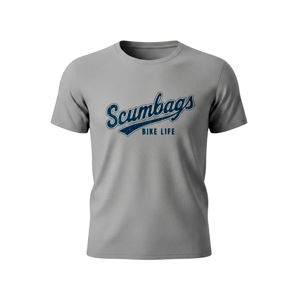 A gray short-sleeve crewneck t-shirt featuring a navy blue graphic on the chest that reads 'Scumbags BIKE LIFE' in a retro script font, shown against a plain white background.