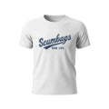 A white short-sleeve crewneck t-shirt featuring a navy blue graphic on the chest that reads 'Scumbags' in a cursive script with a banner underline and 'BIKE LIFE' printed below it.