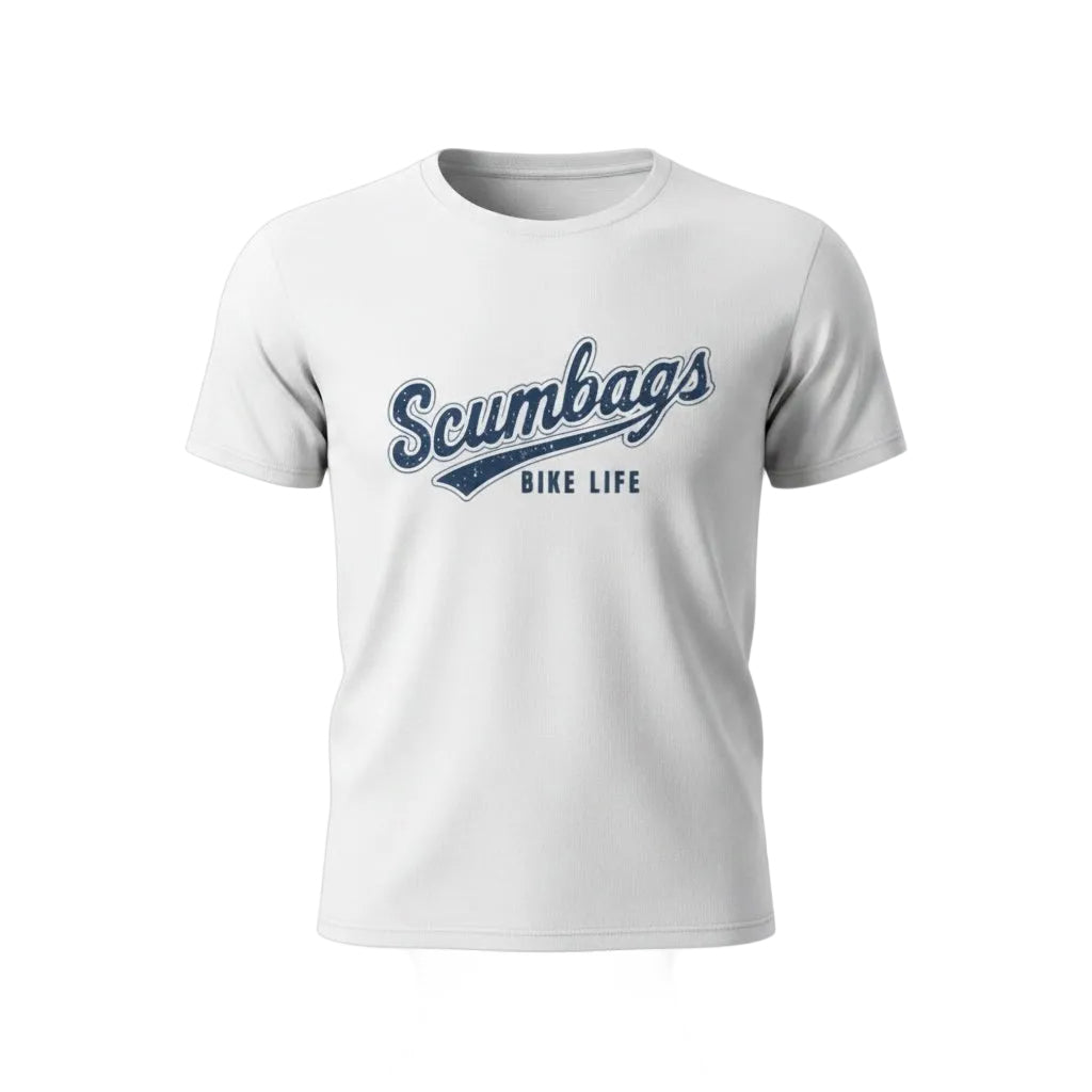 A white short-sleeve crewneck t-shirt featuring a navy blue graphic on the chest that reads 'Scumbags' in a cursive script with a banner underline and 'BIKE LIFE' printed below it.